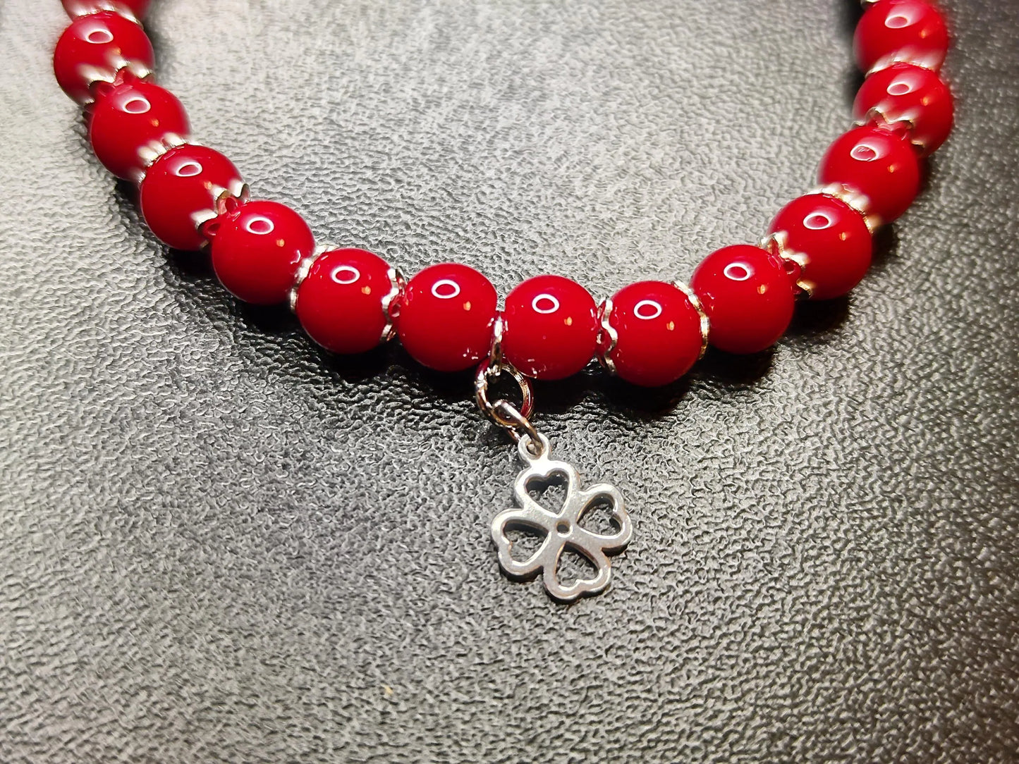 Red Coral Schmuck Set | Edelstein Armband u. Ohrhänger mit Kleeblatt Charm | S925 Sterling Silber | Handgemacht & Hypoallergen