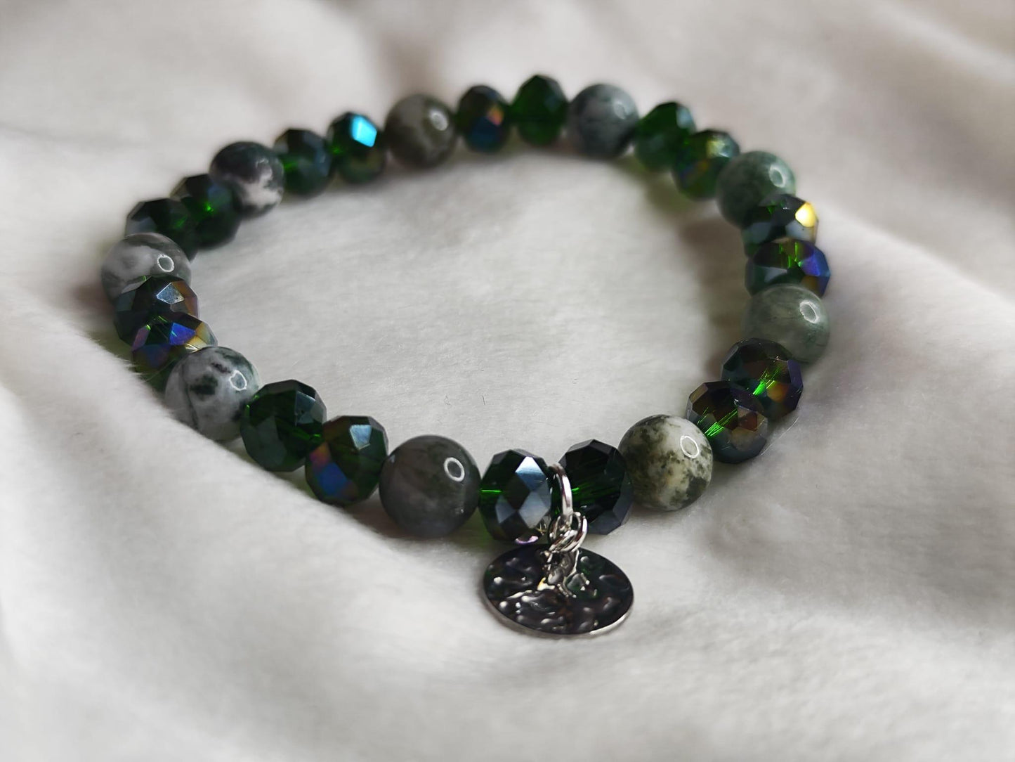 Moosachat Armband mit Glasschliffperlen | Edelsteinarmband Grün | Edelstahl Anhänger | Naturstein Armband Handmade | Geschenk für Frauen