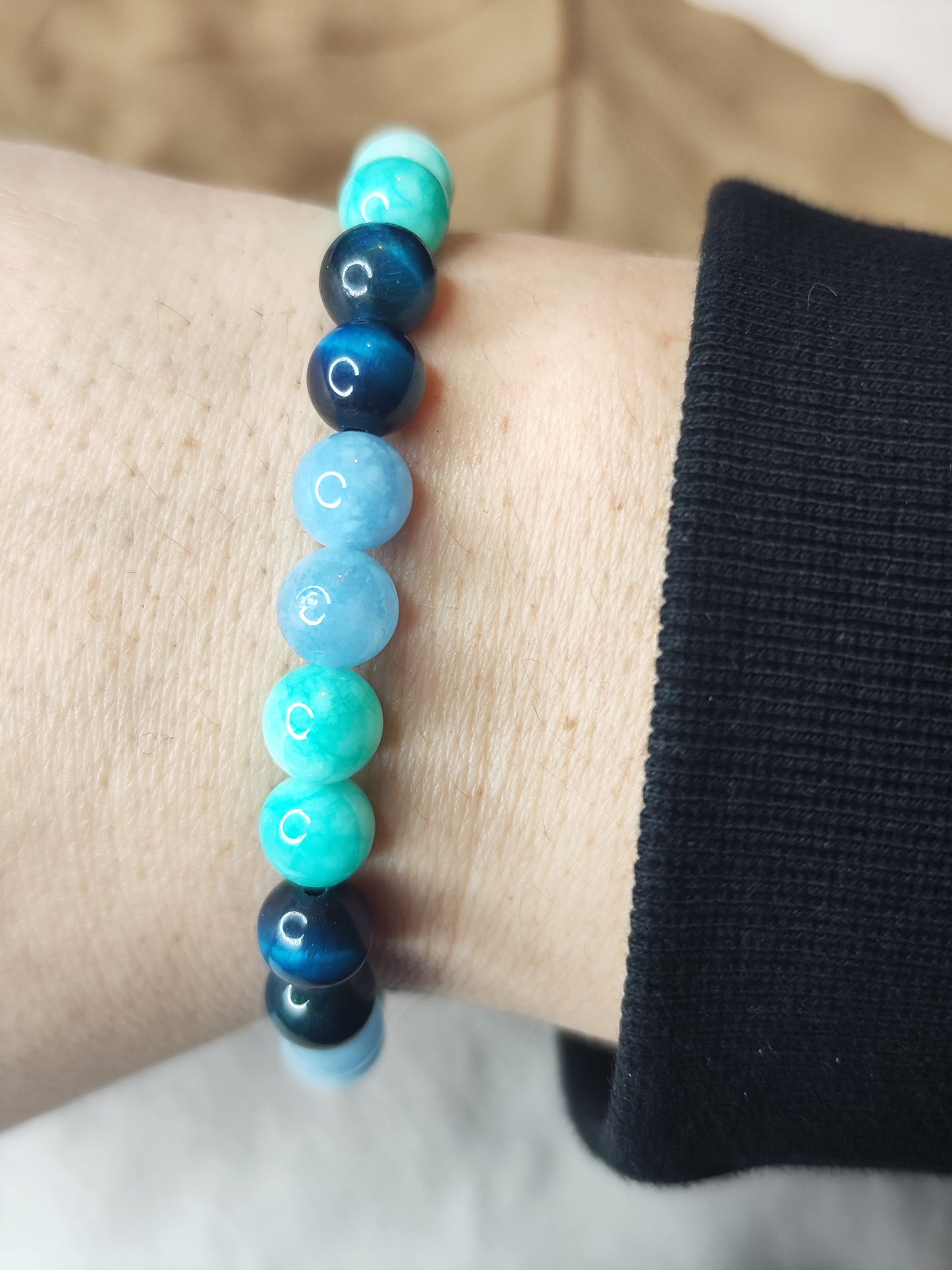 💎 Maritimes Edelstein Armband Blau – Aquamarin, Amazonit & Blaues Tigerauge | Elastisch | Handgemachtes Unikat