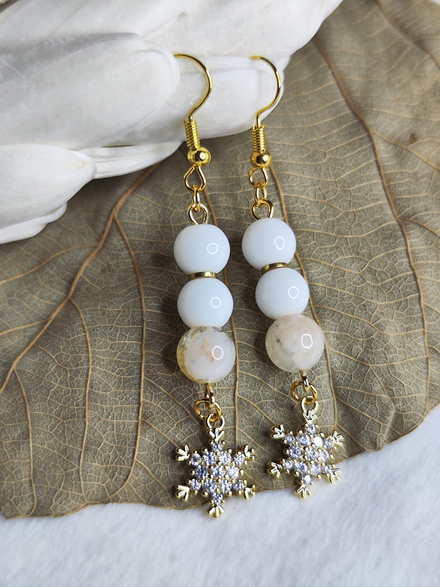 Winter Earrings White Agate &amp; Rutilated Quartz | 18k Gold Plated | Snowflake Pendant | Gift for Women | Gemstone Earrings | Set Discount
