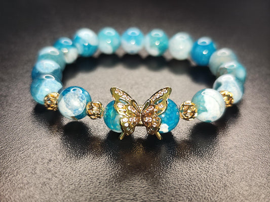 Feuerdrachen-Achat Armband mit vergoldetem Schmetterling | 18k Boho Schmuck | Türkisblauer Naturstein