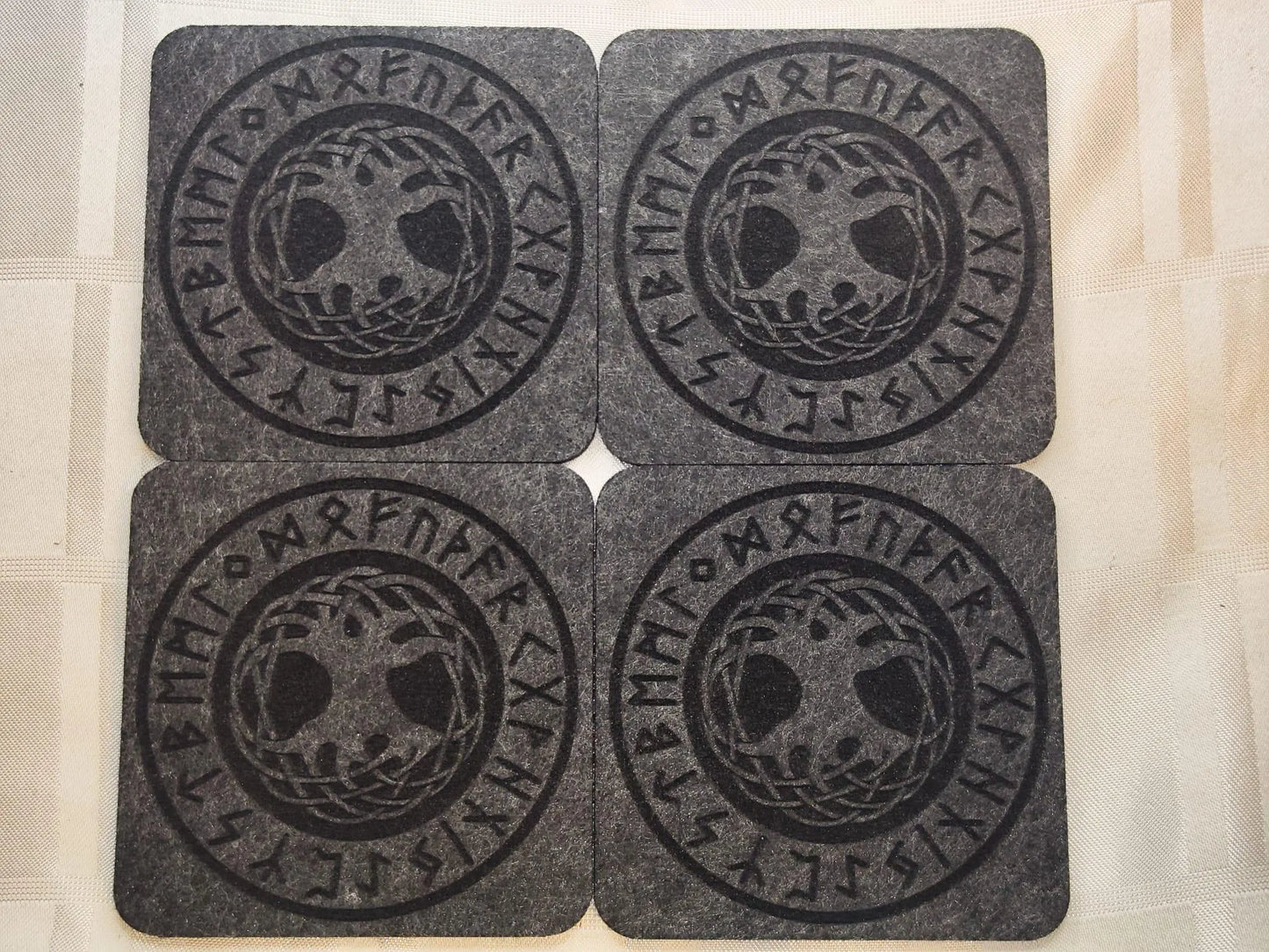Yggdrasil felt coaster set (4 pieces) – Nordic Tree of Life with rune circle