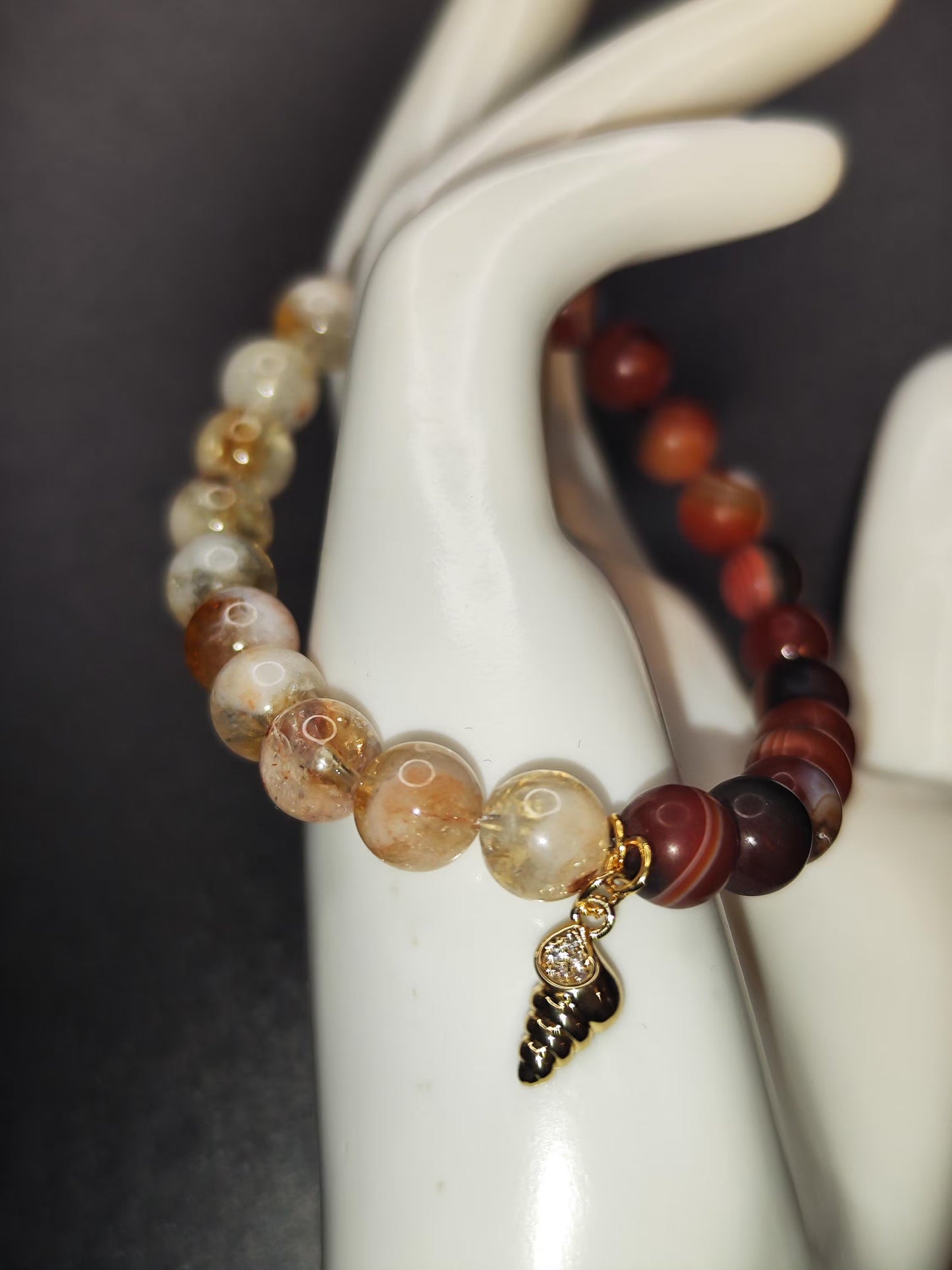 Citrin & Linien-Achat Armband – Erdtöne mit 18k vergoldeter Schnecke | Heilstein Schmuck | Handgemachtes Stretcharmband