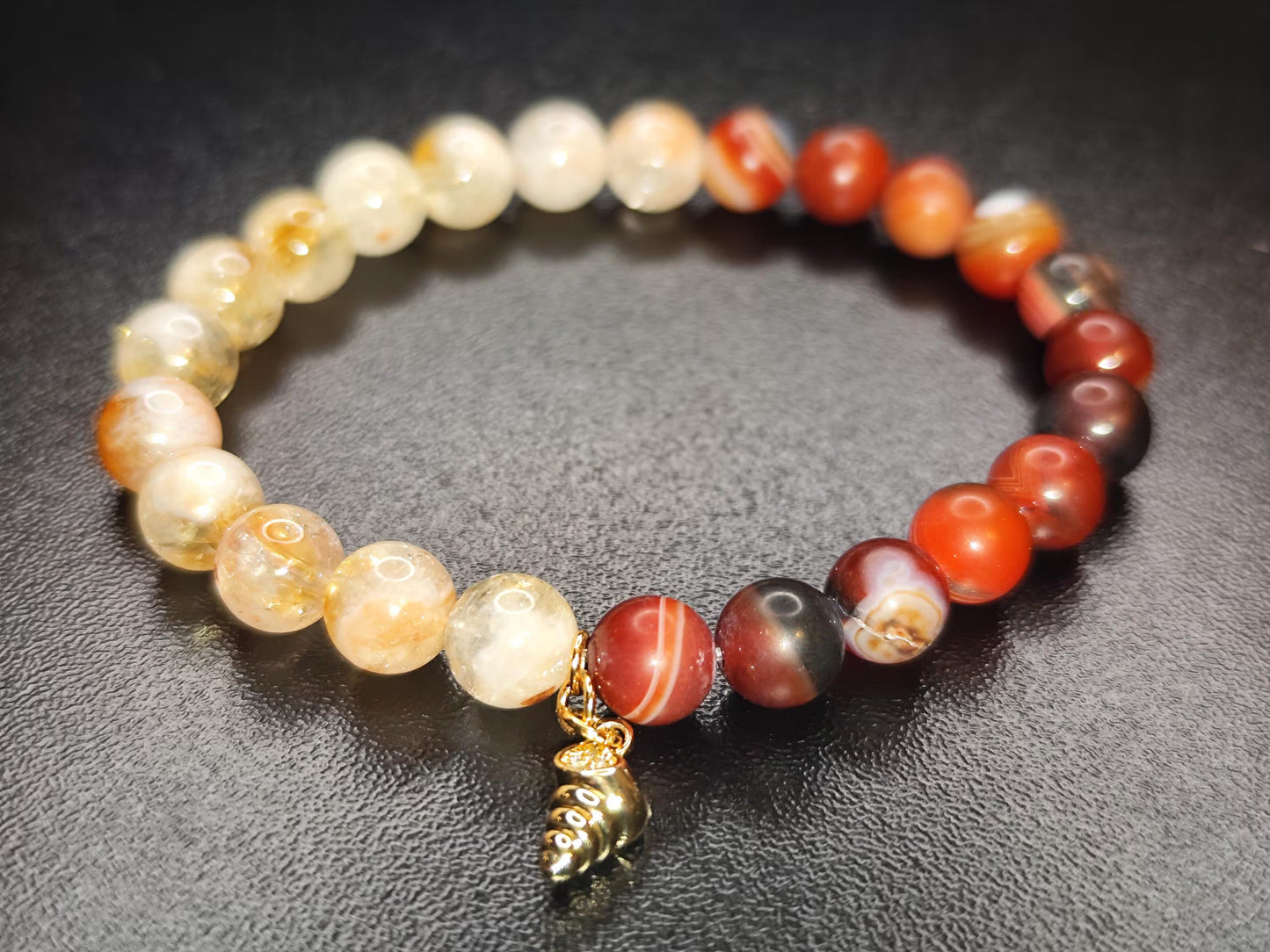 Citrin & Linien-Achat Armband – Erdtöne mit 18k vergoldeter Schnecke | Heilstein Schmuck | Handgemachtes Stretcharmband