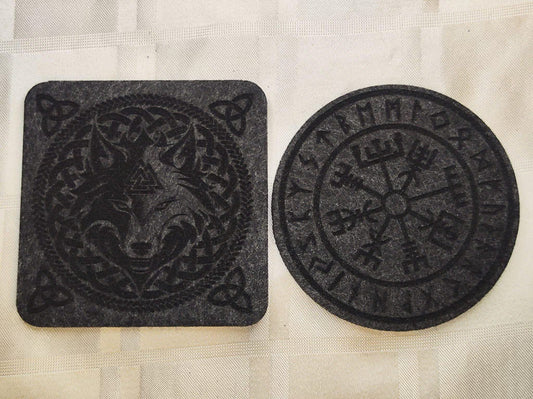 2er Wikinger Untersetzer-Set Filz, eckig und rund nordische Symbole