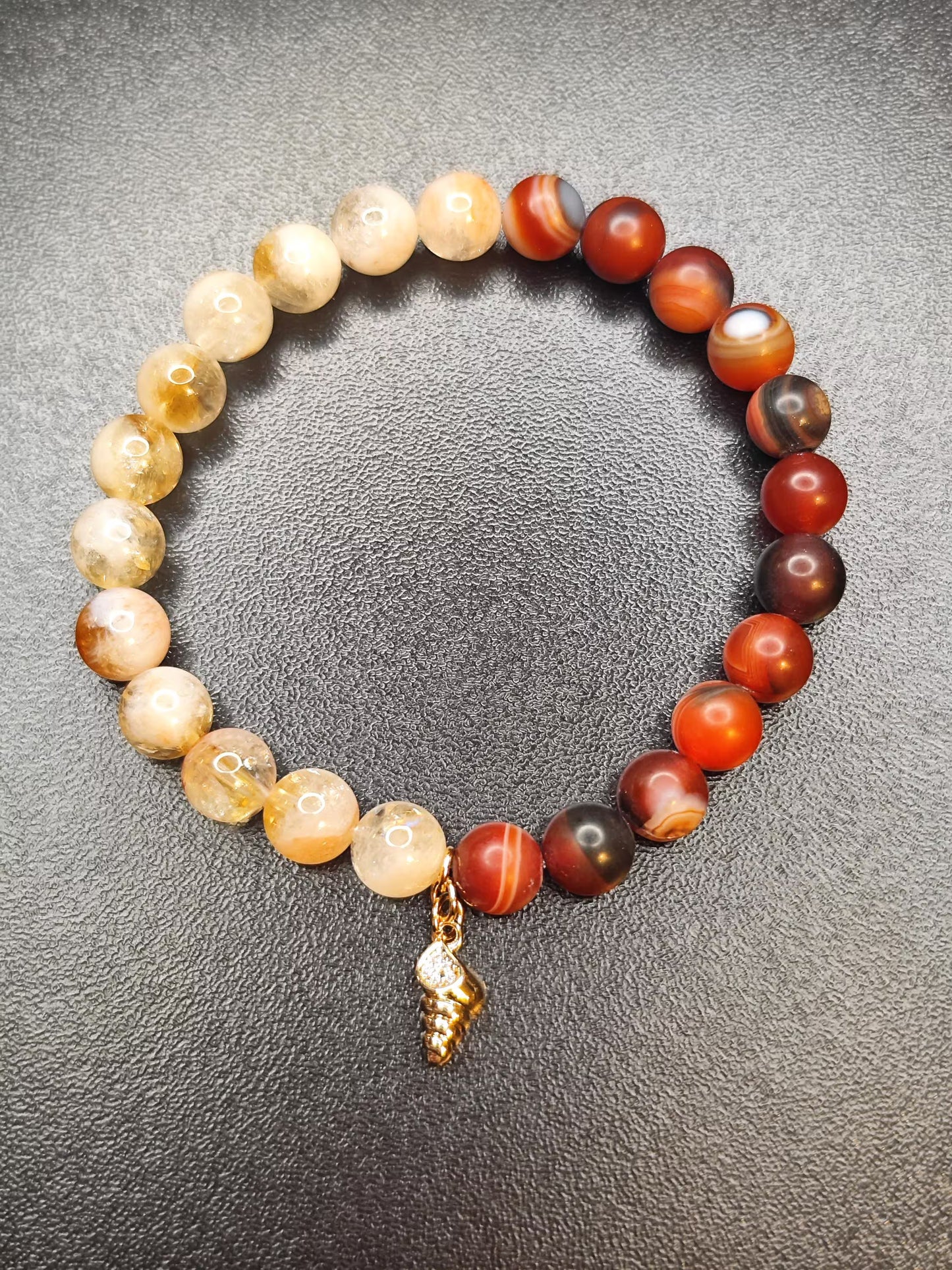 Citrin & Linien-Achat Armband – Erdtöne mit 18k vergoldeter Schnecke | Heilstein Schmuck | Handgemachtes Stretcharmband