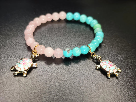 Rosenquarz & Türkis Armband mit Schildkröten Charm | Naturstein Schmuck | 6mm Edelsteinperlen