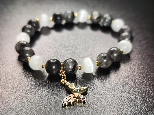 Handgemachtes Schmuckset aus Katzenauge u. Labradorit | 18k vergoldet | Armband & Ohrringe mit Schmetterlings-Anhängern | Geschenk für Sie