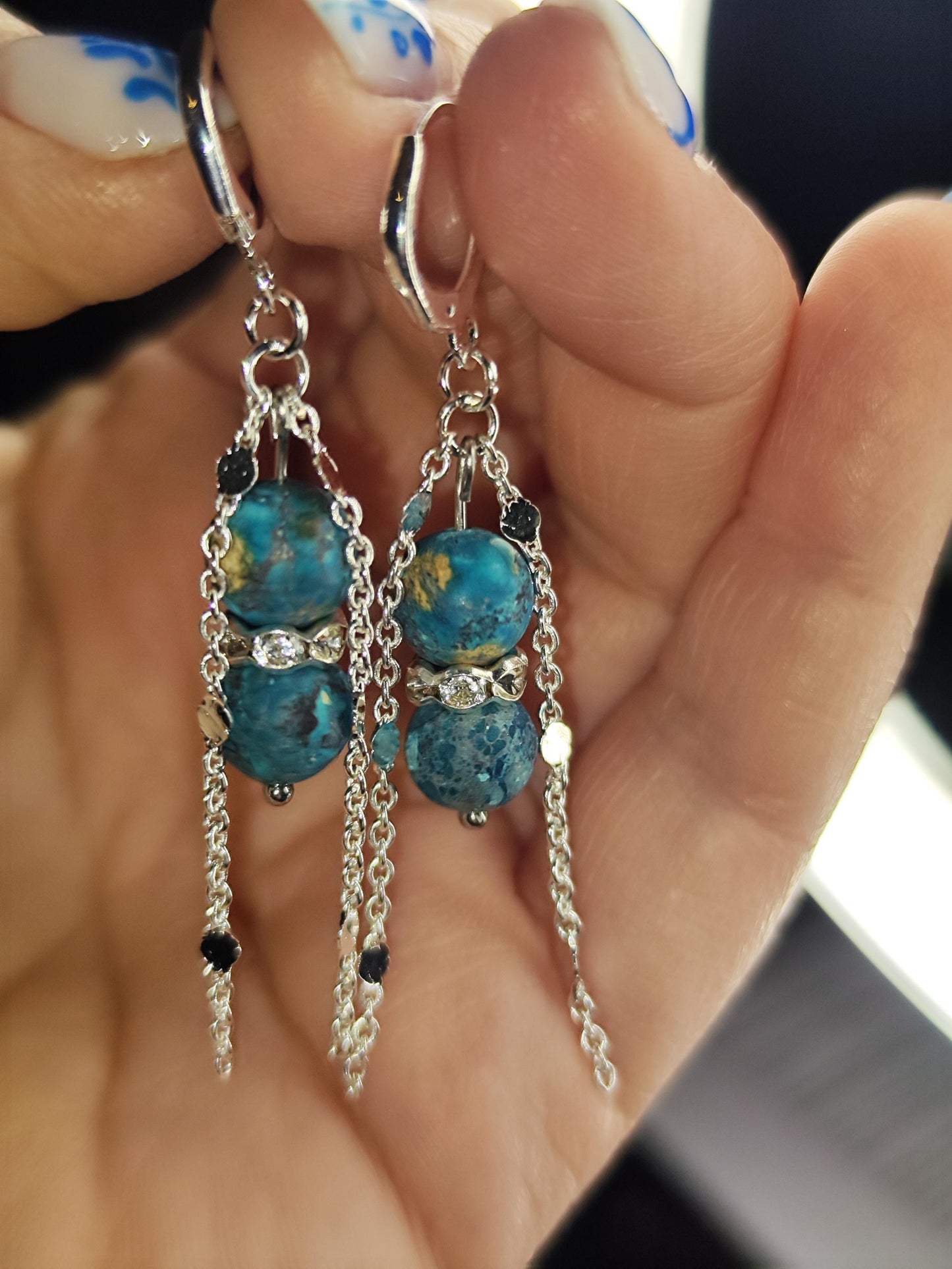 Handgefertigte Chrysokolla Ohrringe mit Silberkette – Boho Edelstein Ohrringe, Statement Schmuck, Geschenk für Sie