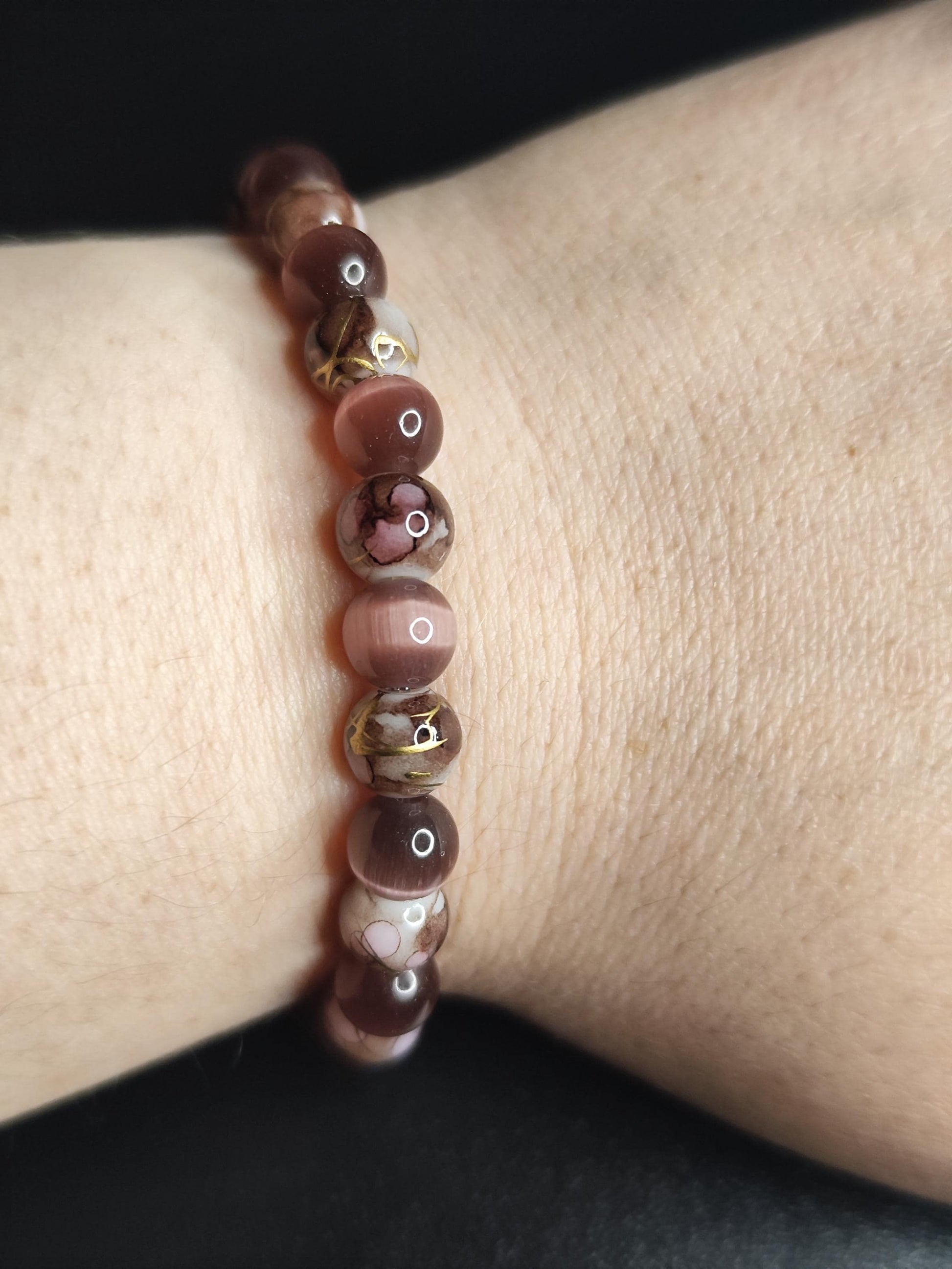 3er Set Glasperlenarmbänder – Rosa/Braun Pastell – Handgemacht – Elastisch – 16 cm – Elegante Perlenarmbänder – Geschenk für Frauen