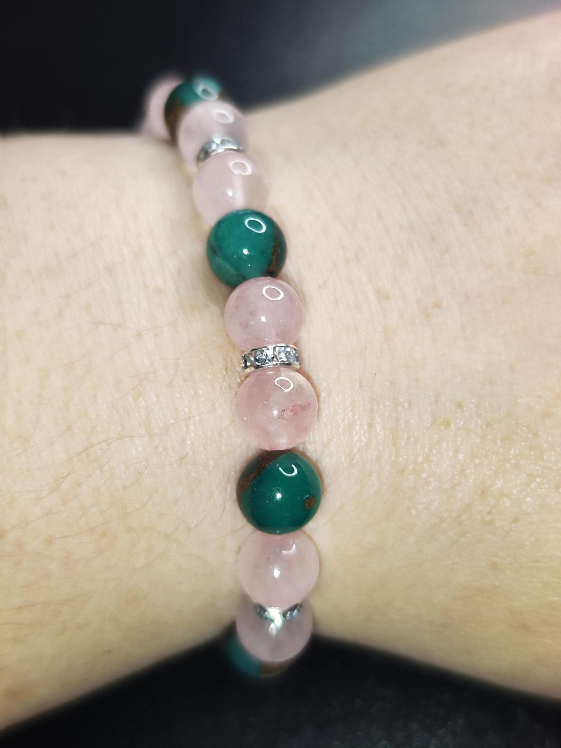 Rosenquarz & Azurit-Malachit Armband – Handmade Edelsteinarmband – Emotional Healing – Geschenk für Sie – Boho Schmuck – Elastisches Naturst