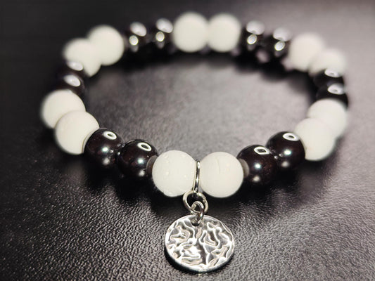 Hämatit & Weißer Lava-Stein Armband – Schwarz-Weiß Edelsteinarmband – Handmade – Aromatherapie geeignet – Schutz u. Energie