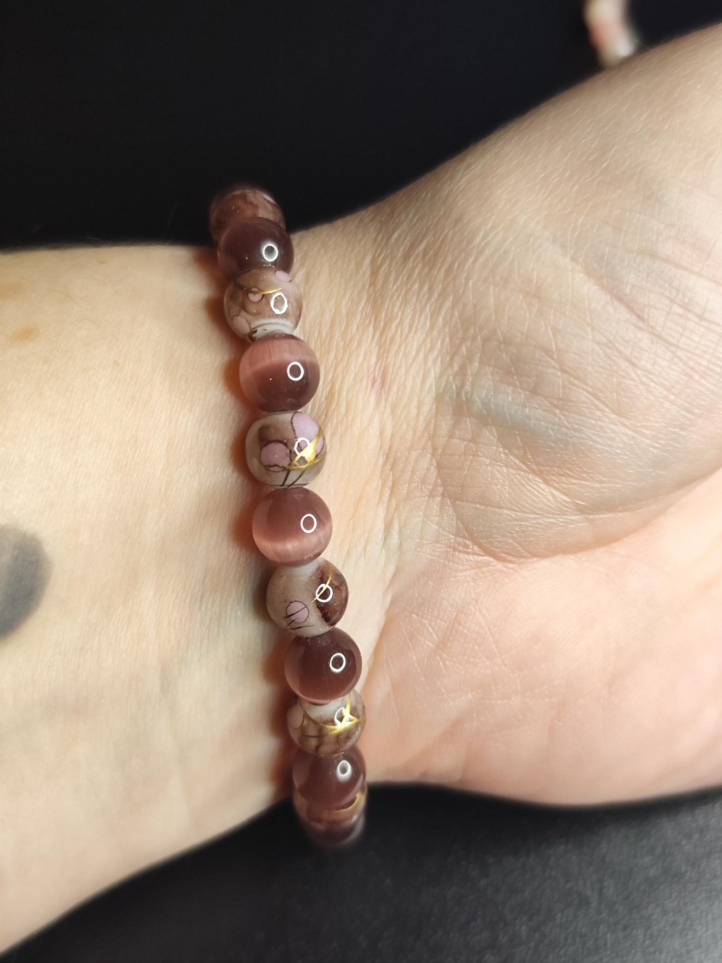 3er Set Glasperlenarmbänder – Rosa/Braun Pastell – Handgemacht – Elastisch – 16 cm – Elegante Perlenarmbänder – Geschenk für Frauen