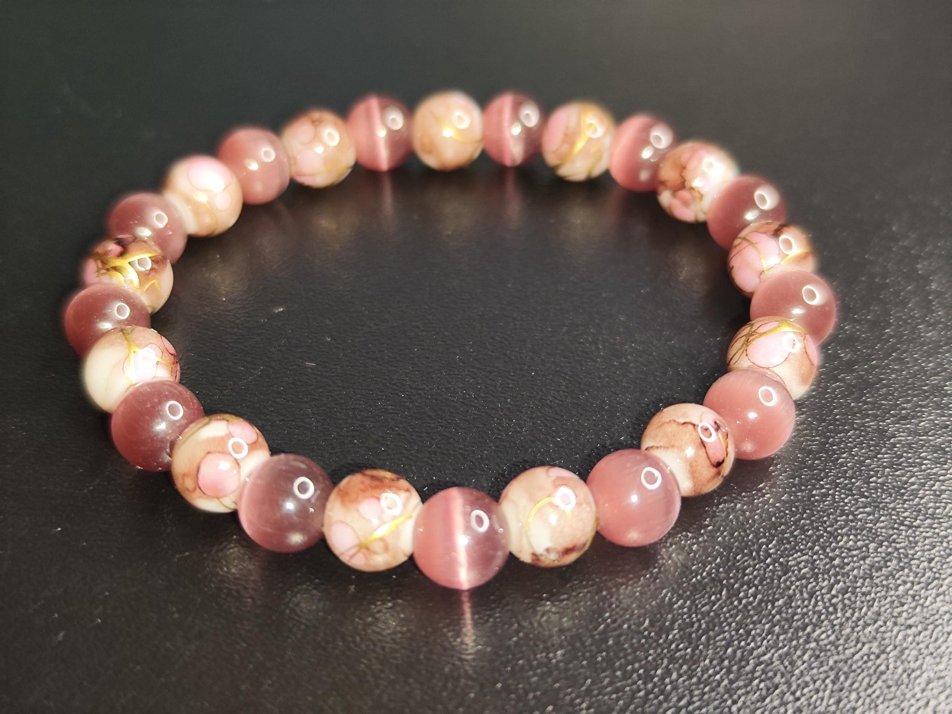 3er Set Glasperlenarmbänder – Rosa/Braun Pastell – Handgemacht – Elastisch – 16 cm – Elegante Perlenarmbänder – Geschenk für Frauen