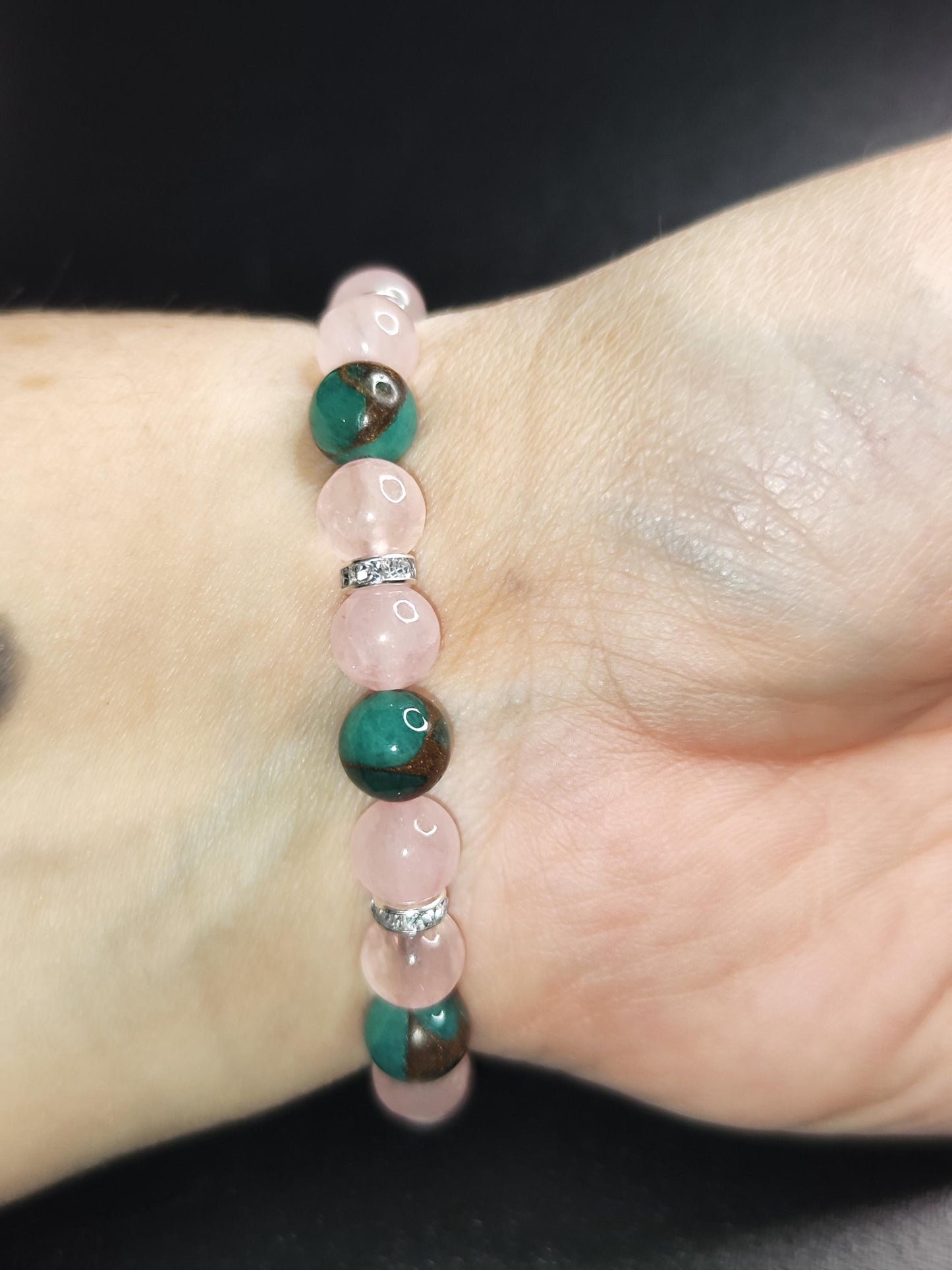 Rosenquarz & Azurit-Malachit Armband – Handmade Edelsteinarmband – Emotional Healing – Geschenk für Sie – Boho Schmuck – Elastisches Naturst