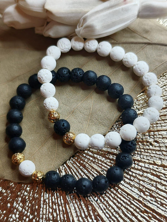 Pärchenarmband Set Lava Stein Schwarz Weiß | Partnerarmband Geschenk Paare | Yin Yang Armband Gold | Freundschaftsarmband Handmade