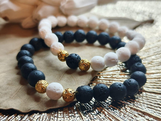 Pärchenarmband Set Lava Stein Schwarz Weiß | Partnerarmband Geschenk Paare | Yin Yang Armband Gold | Freundschaftsarmband Handmade