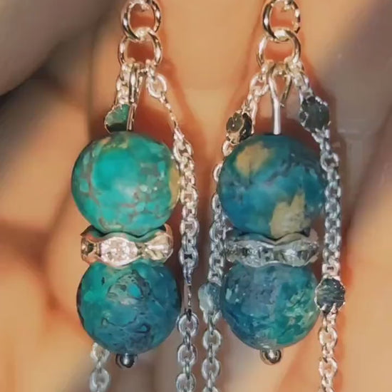 Handgefertigte Chrysokolla Ohrringe mit Silberkette – Boho Edelstein Ohrringe, Statement Schmuck, Geschenk für Sie